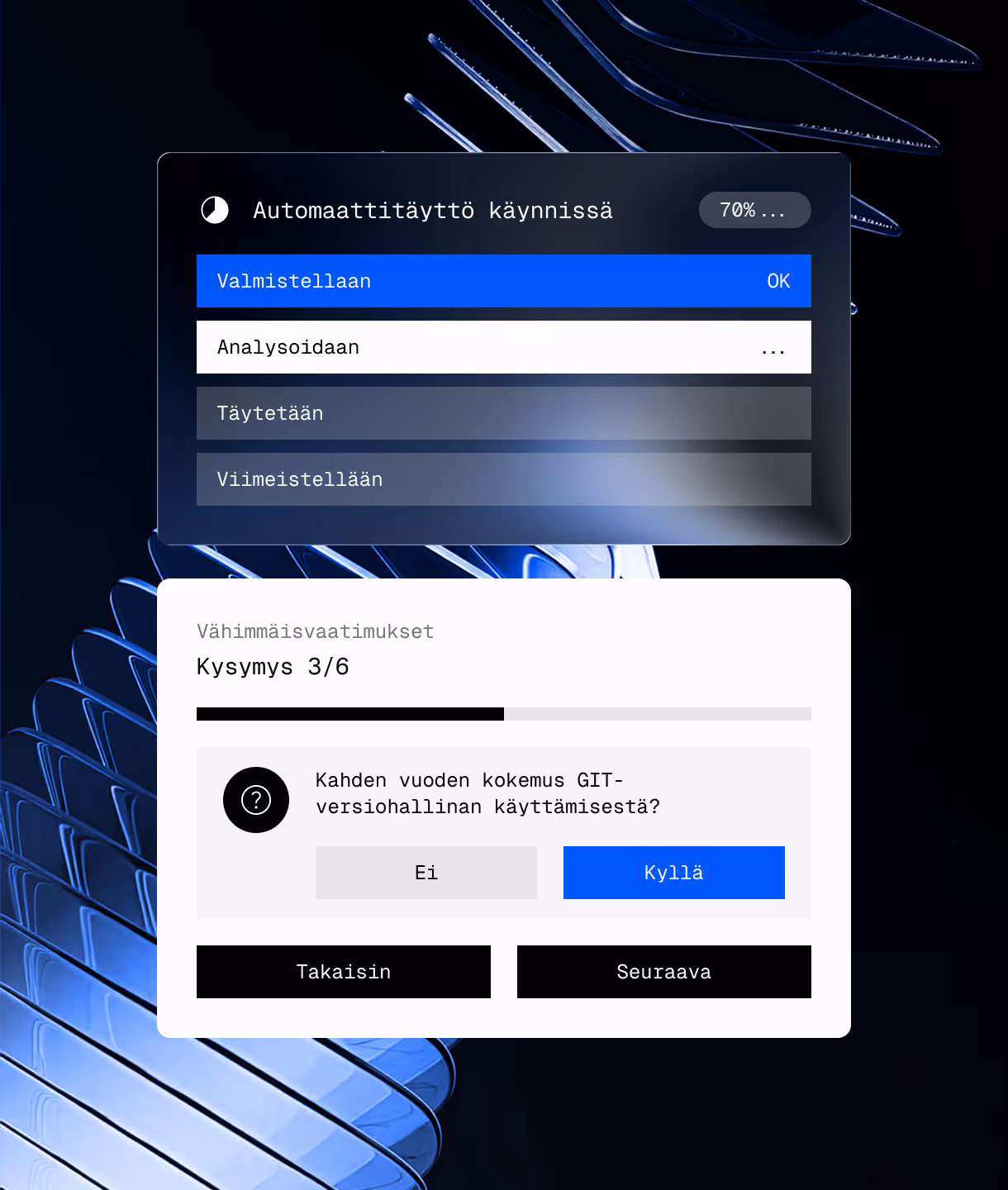 Fexion automaattitäyttö ja asiantuntijavastausten lomakenäkymä.